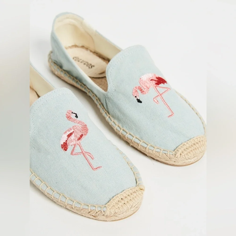 Anthropologie Soludos Espadrilles Canvas Loafers Blue Flamingo Slipper Size 7